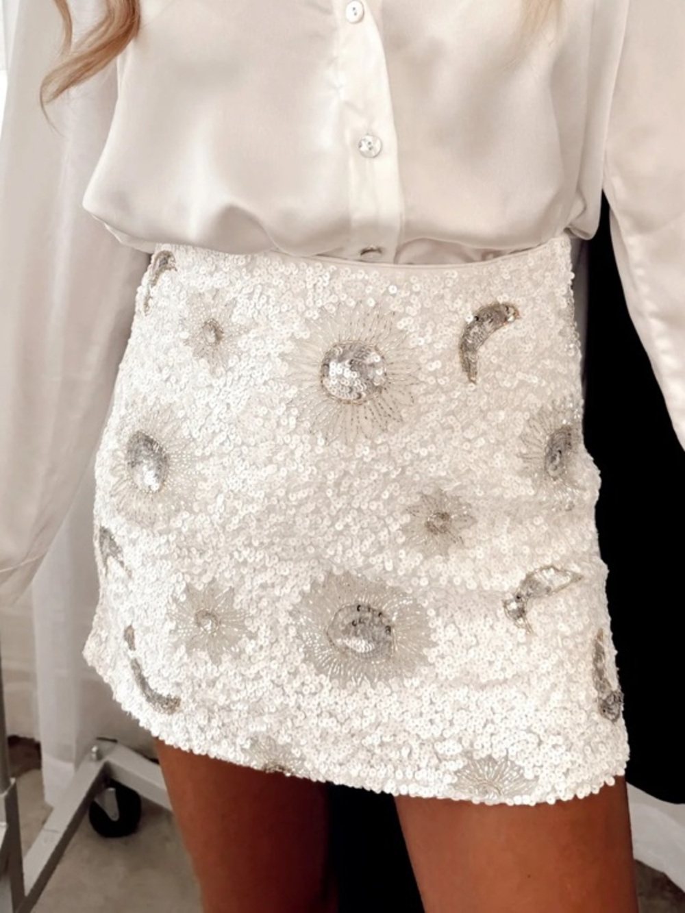 Show Me Your MuMu White Sequin Mini Skirt with Silver Embellishments